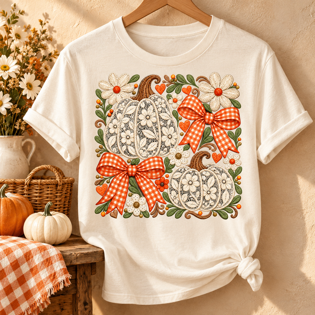 Fall Pumpkin PNG | Lace Pumpkin and Orange Gingham Bow Digital Download