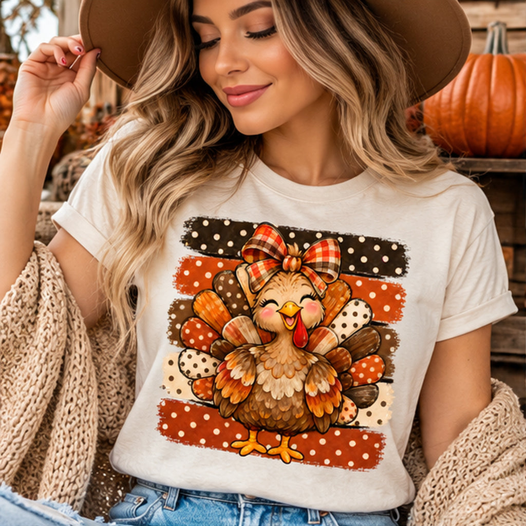 Thanksgiving Turkey PNG | Cute Fall Turkey Shirt Design | Plaid Bow Digital Download