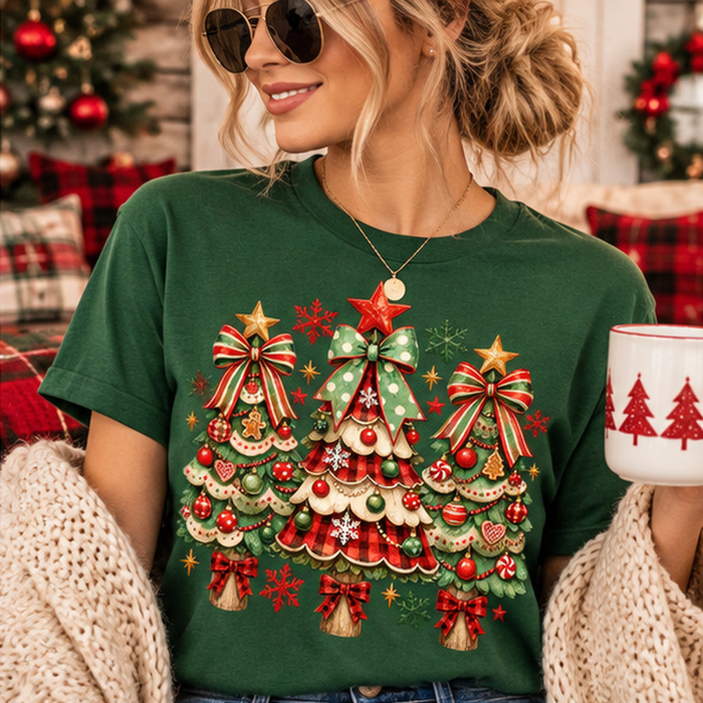 Vintage Christmas Trees PNG | Plaid Bow Christmas Shirt Design | Holiday Digital Download