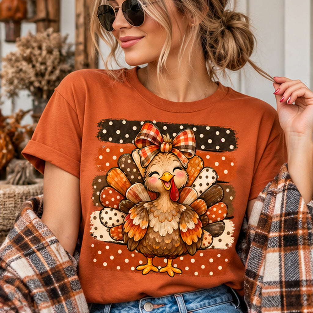 Thanksgiving Turkey PNG | Cute Fall Turkey Shirt Design | Plaid Bow Digital Download