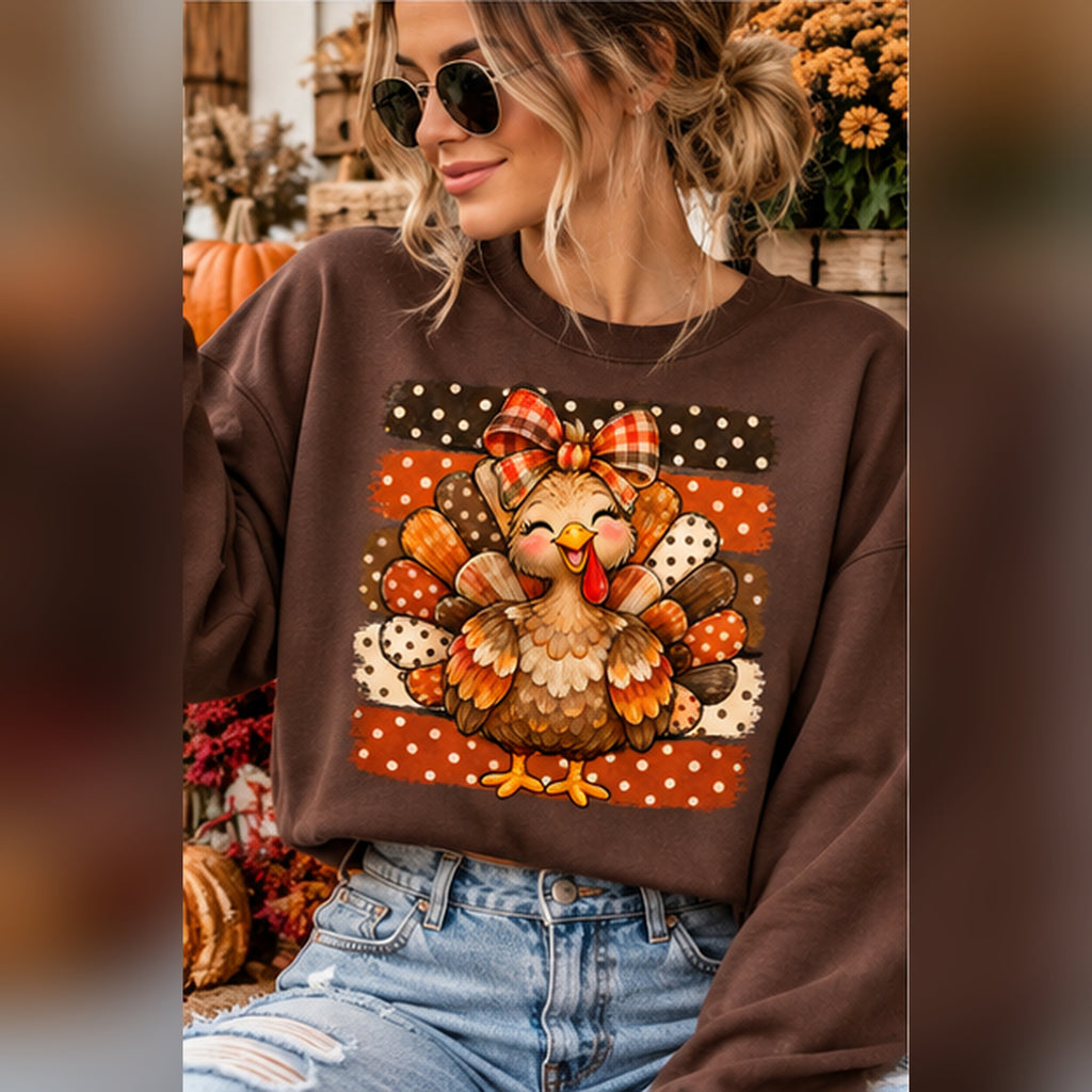 Thanksgiving Turkey PNG | Cute Fall Turkey Shirt Design | Plaid Bow Digital Download