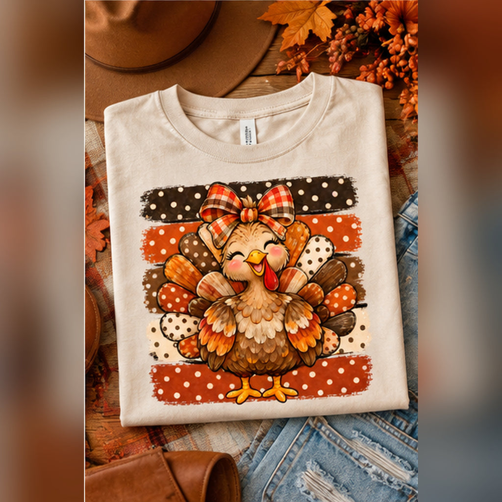 Thanksgiving Turkey PNG | Cute Fall Turkey Shirt Design | Plaid Bow Digital Download