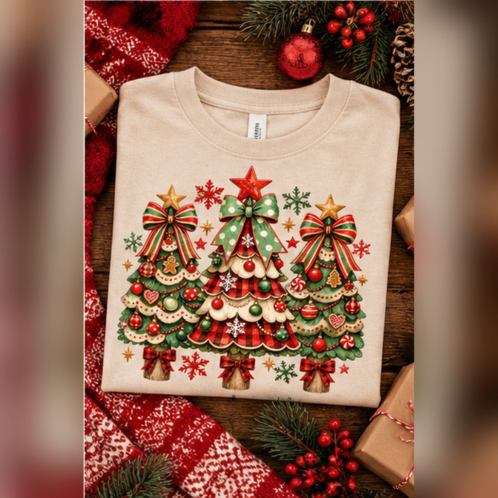 Vintage Christmas Trees PNG | Plaid Bow Christmas Shirt Design | Holiday Digital Download