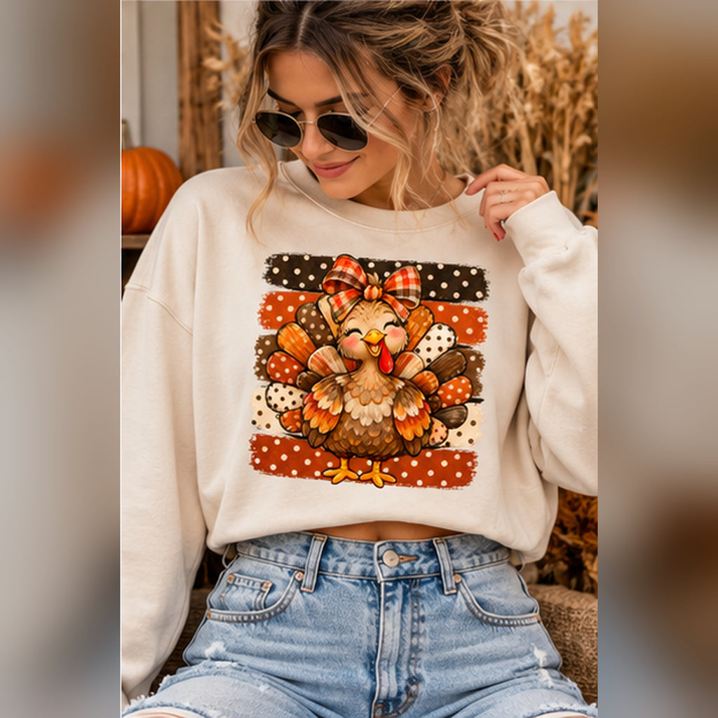 Thanksgiving Turkey PNG | Cute Fall Turkey Shirt Design | Plaid Bow Digital Download