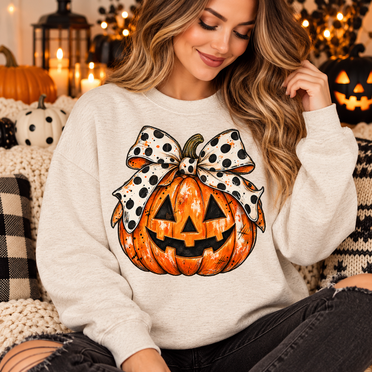 Jack O Lantern PNG | Polka Dot Bow Halloween Pumpkin Digital Download
