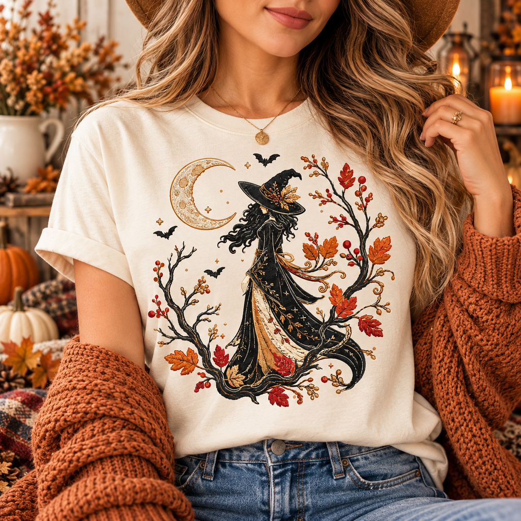 Autumn Witch PNG | Crescent Moon & Botanical Halloween Digital Download