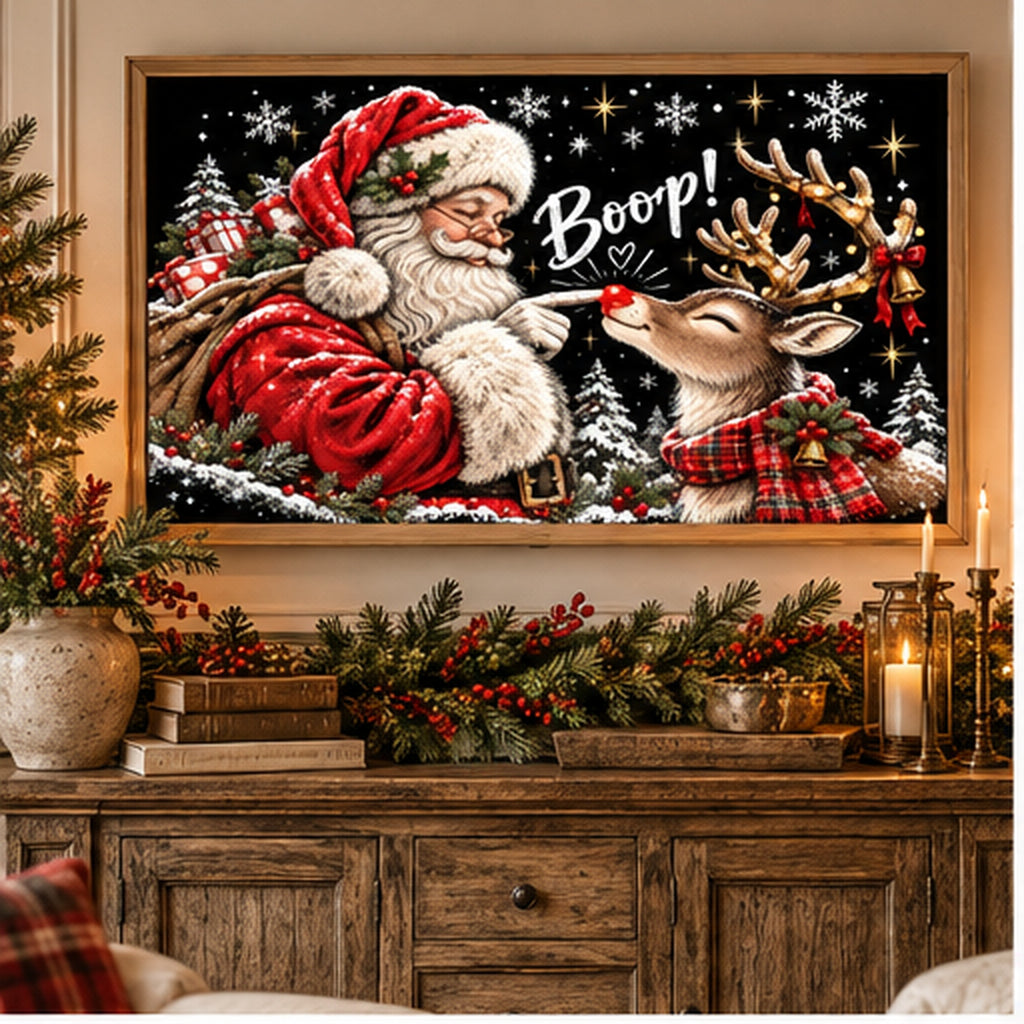 Santa & Reindeer Christmas Frame TV Art | 4K Holiday Digital Download