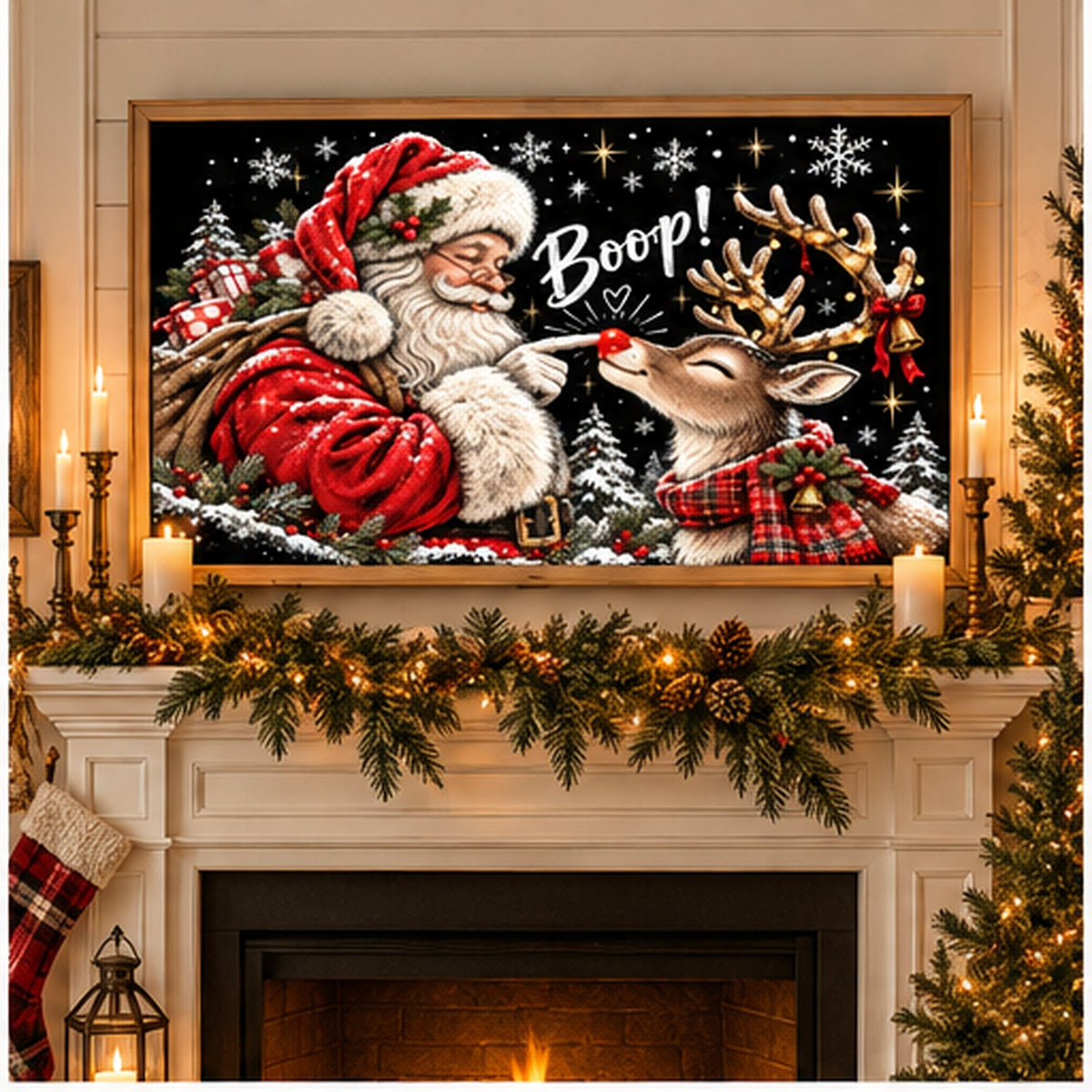 Santa & Reindeer Christmas Frame TV Art | 4K Holiday Digital Download