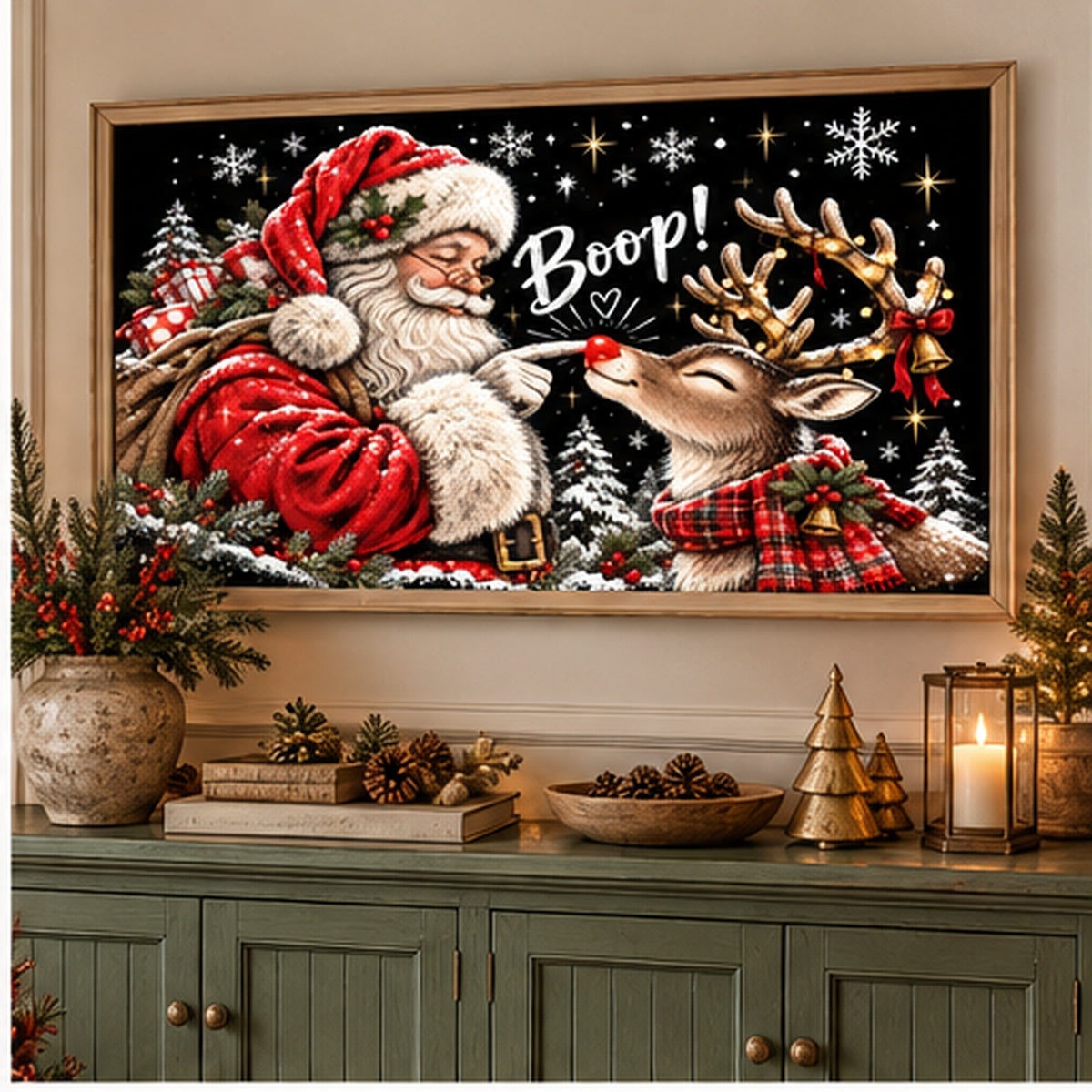 Santa & Reindeer Christmas Frame TV Art | 4K Holiday Digital Download