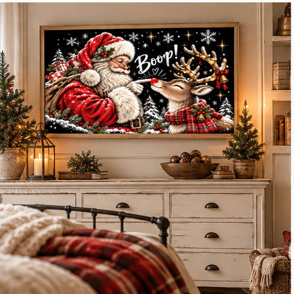 Santa & Reindeer Christmas Frame TV Art | 4K Holiday Digital Download