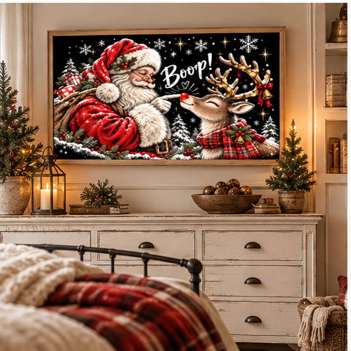 Santa & Reindeer Christmas Frame TV Art | 4K Holiday Digital Download