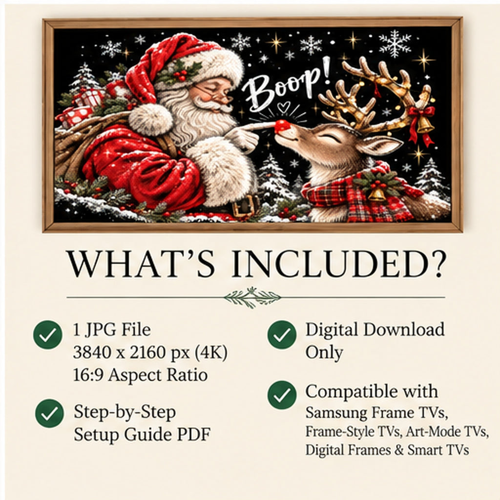 Santa & Reindeer Christmas Frame TV Art | 4K Holiday Digital Download